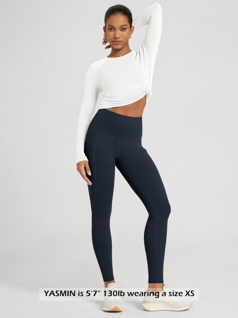 ODODOS Women's High Waisted Full Length Yoga Leggings with Pockets, 28" Inseam Tummy Control Non See Through Workout Athletic Running Yoga Pants, Deep Navy, X-Large - Image 3